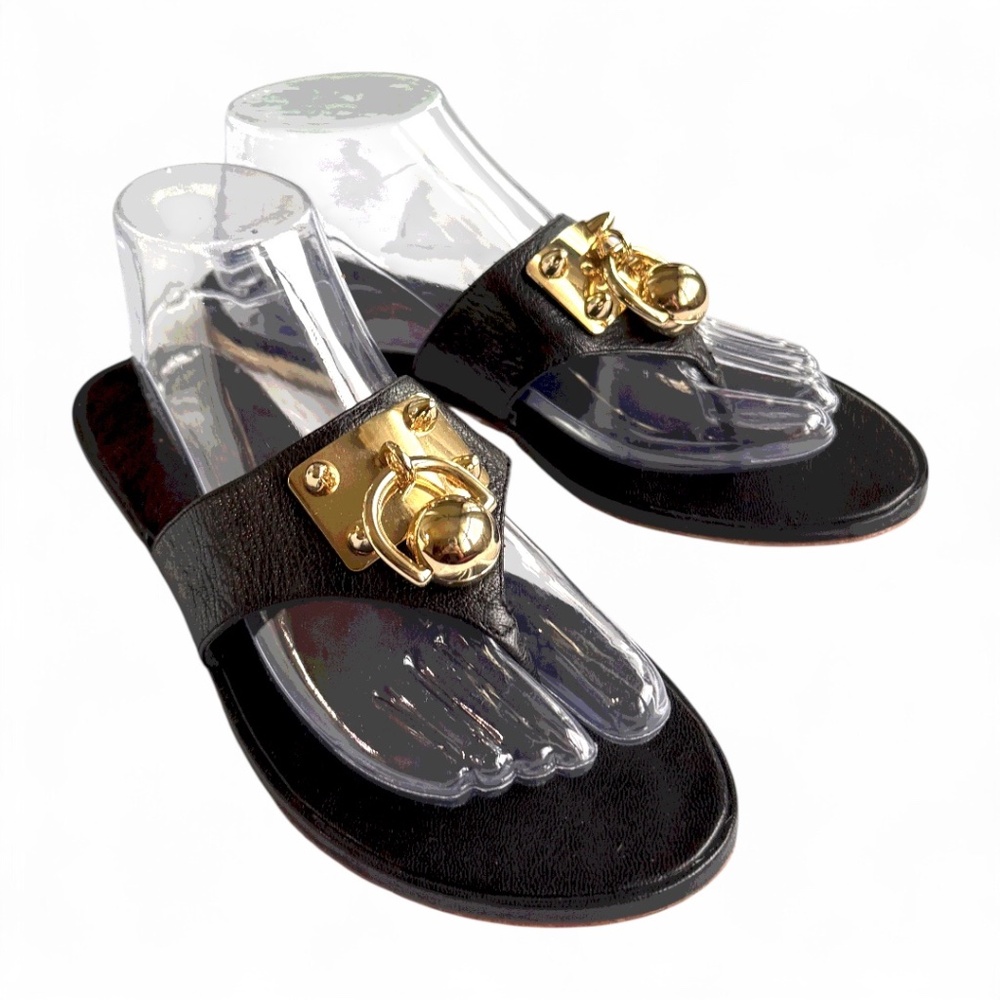Miss Trish Black Leather Sandals – Gold Hardware – Size 9M / EU 39